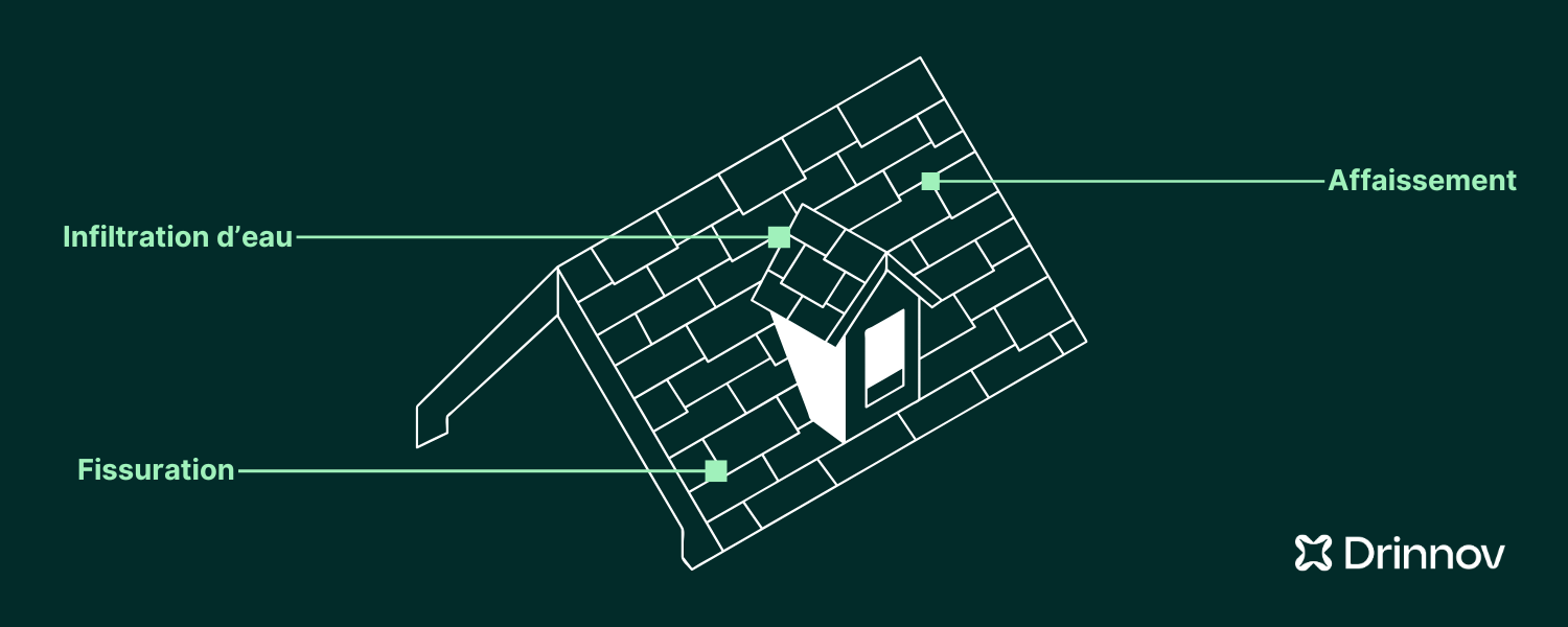 Schéma d'une toiture avec les différents problèmes liés à la mousse mais une solution pour contrer cela : le nettoyage de toiture par drone.