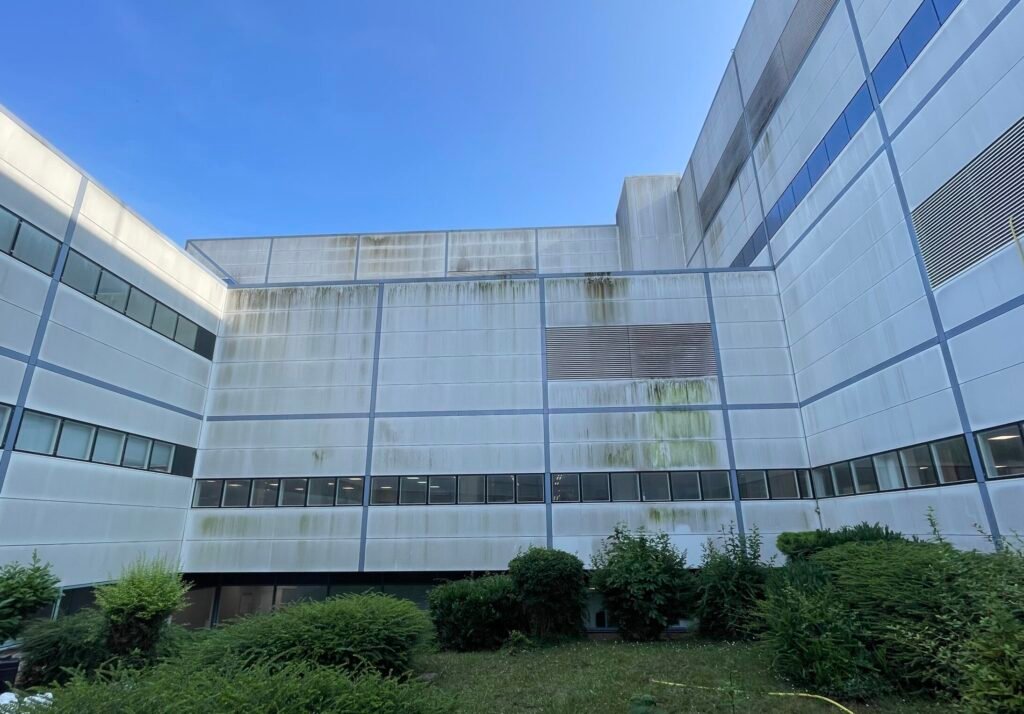 Avant : façade industrielle à Angers, coulures vertes d’algues sur bardage métallique